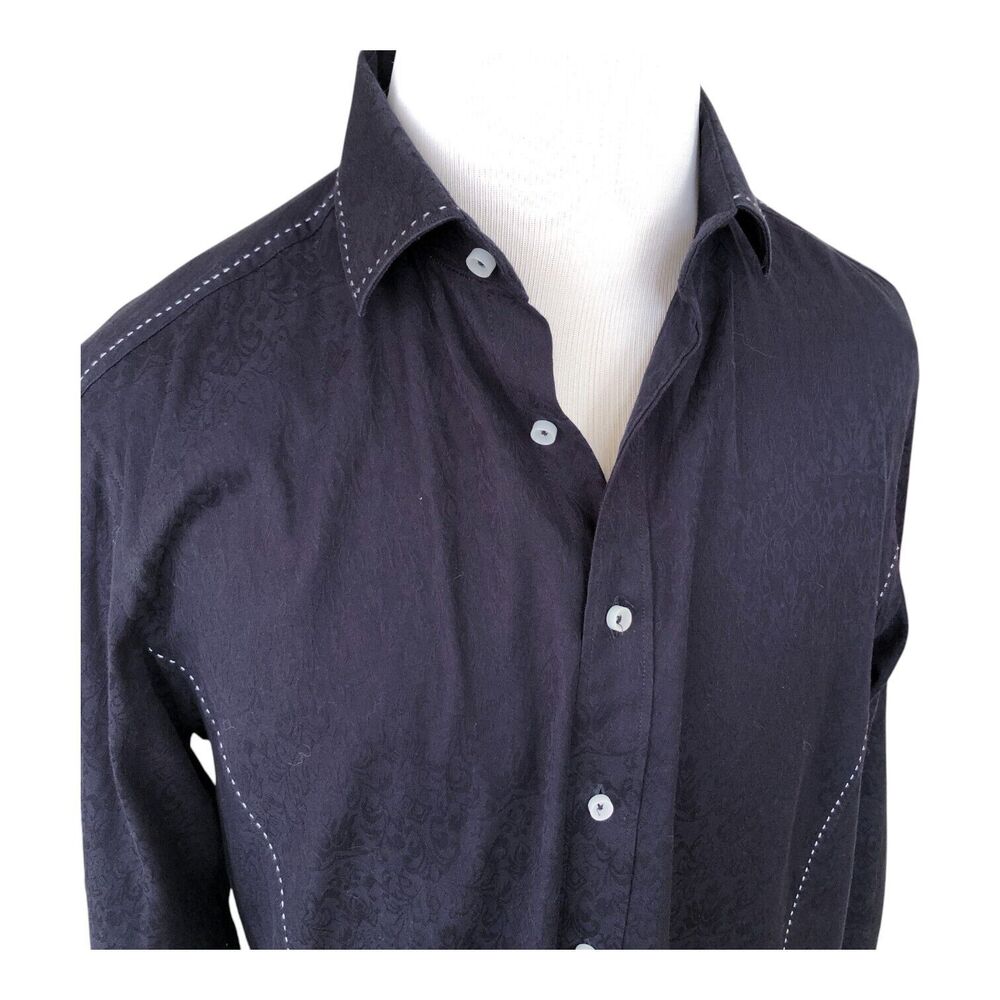 Zagiri Men Navy Long Sleeve Button Down White Stitching Emroidery Dress Shirt XL - Picture 3 of 16